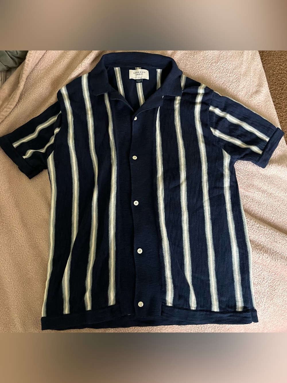American Eagle Outfitters Navy and White Vertical Stripe Short-Sleeve Button-Up